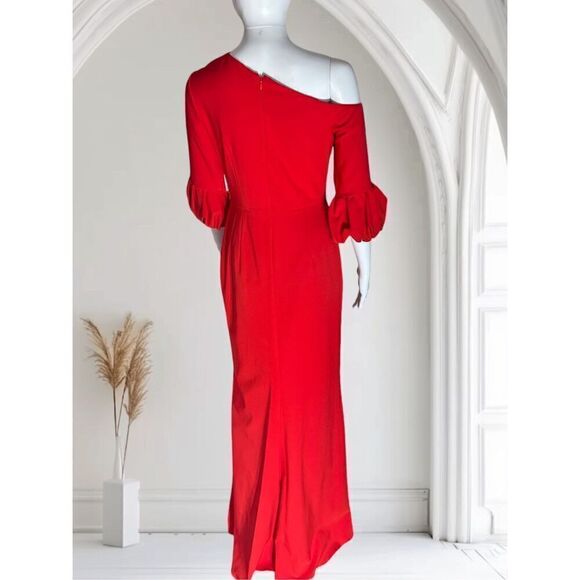 Aidan Mattox Asymmetrical Neck Line 3/4 Sleeve Red Gown - Picture 4 of 7